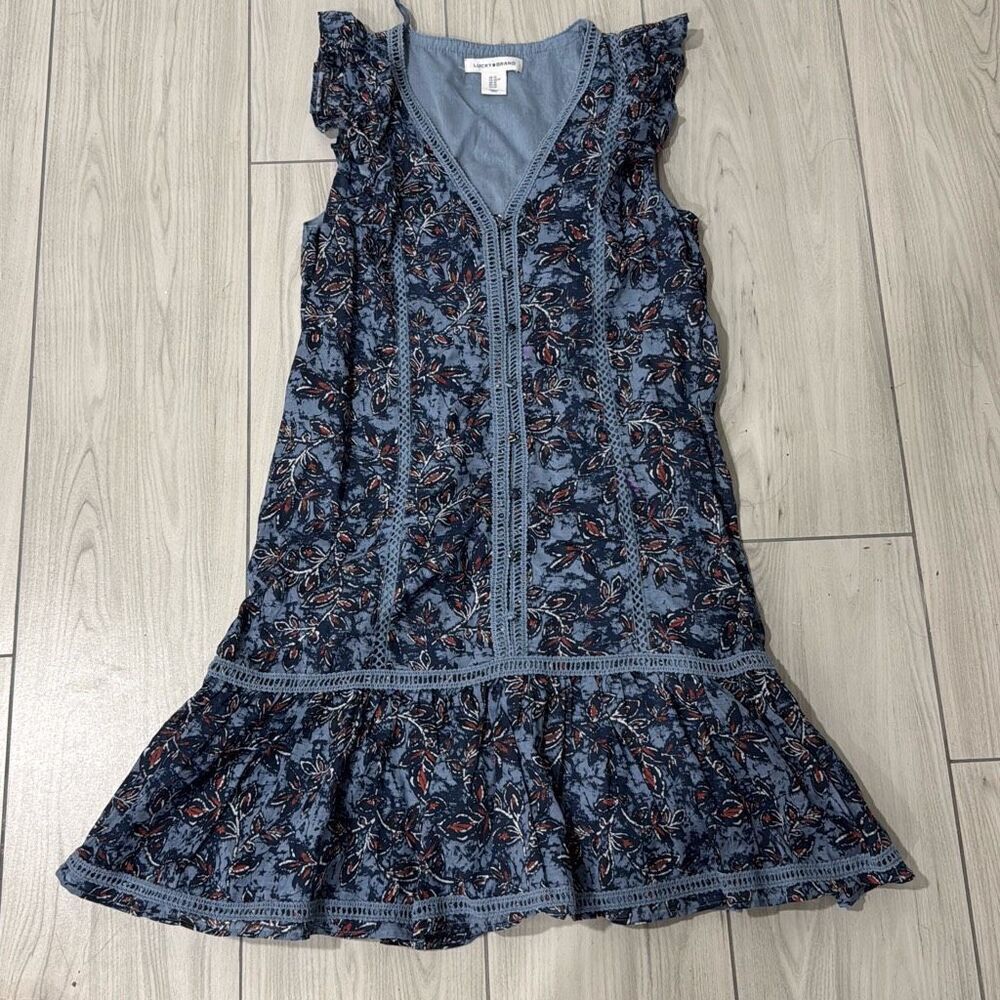 Lucky Brand Blue Floral Ruffle Cap Sleeve Short Cotton Dress V-neck Button Front